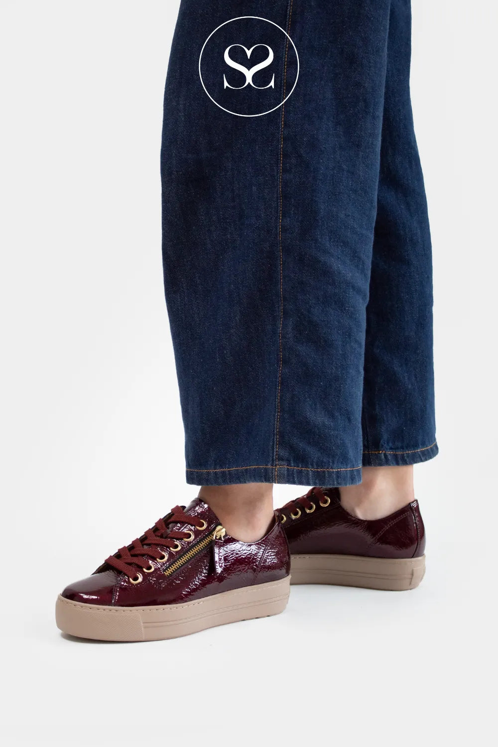PAUL GREEN WINE PATENT PLATFORM TRAINERS WITH ZIP - 5006-248 FOR WOMEN WITH WINE LACES AND GOLD SIDE ZIP FOR CLOSURE
