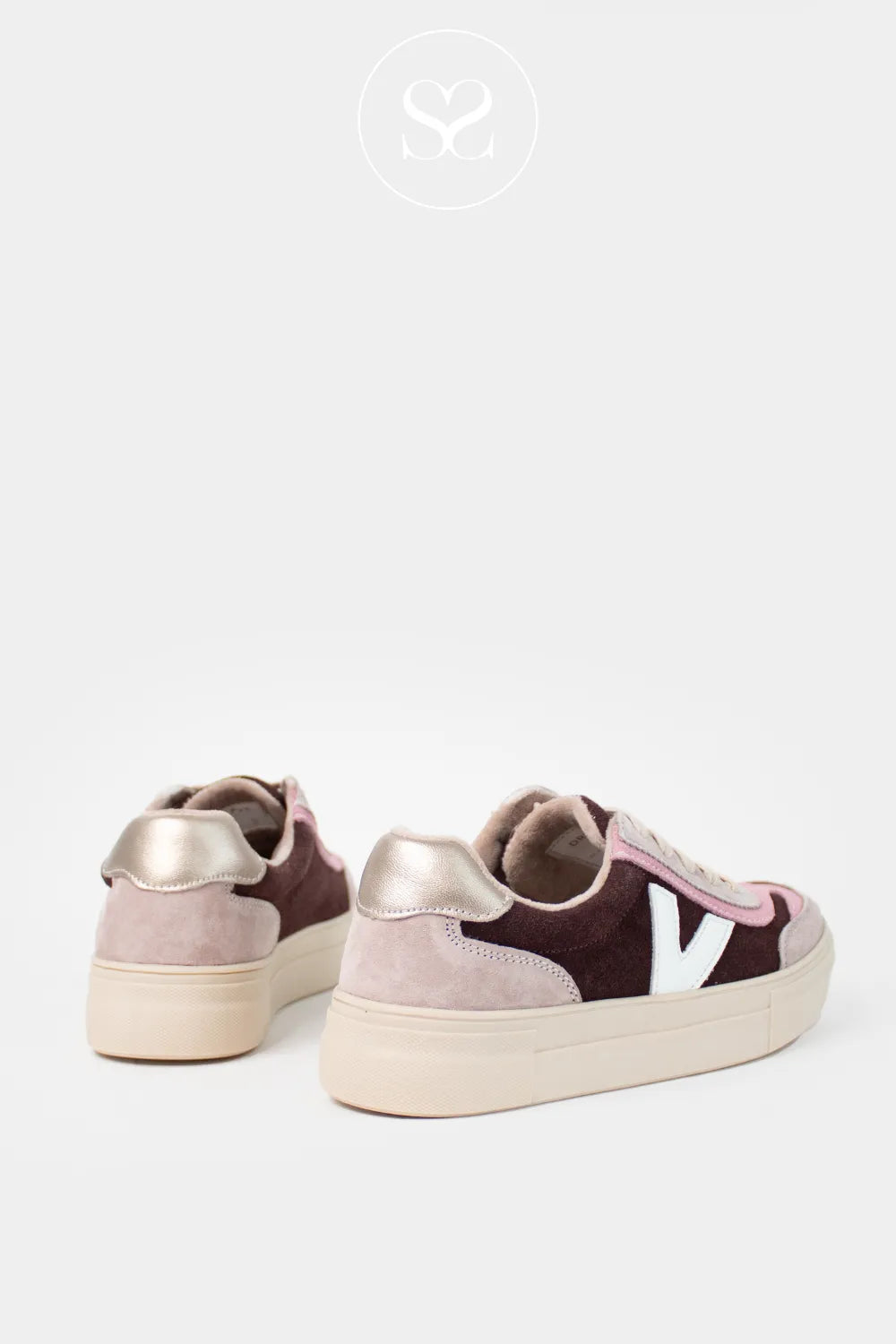 DRILLEYS WINE (BLOODIED) FLATFORM LACE UP TRAINERS EIGHTY FOR WOMEN WITH SILVER HEEL CAP AND TAUPE SUEDE DETAIL