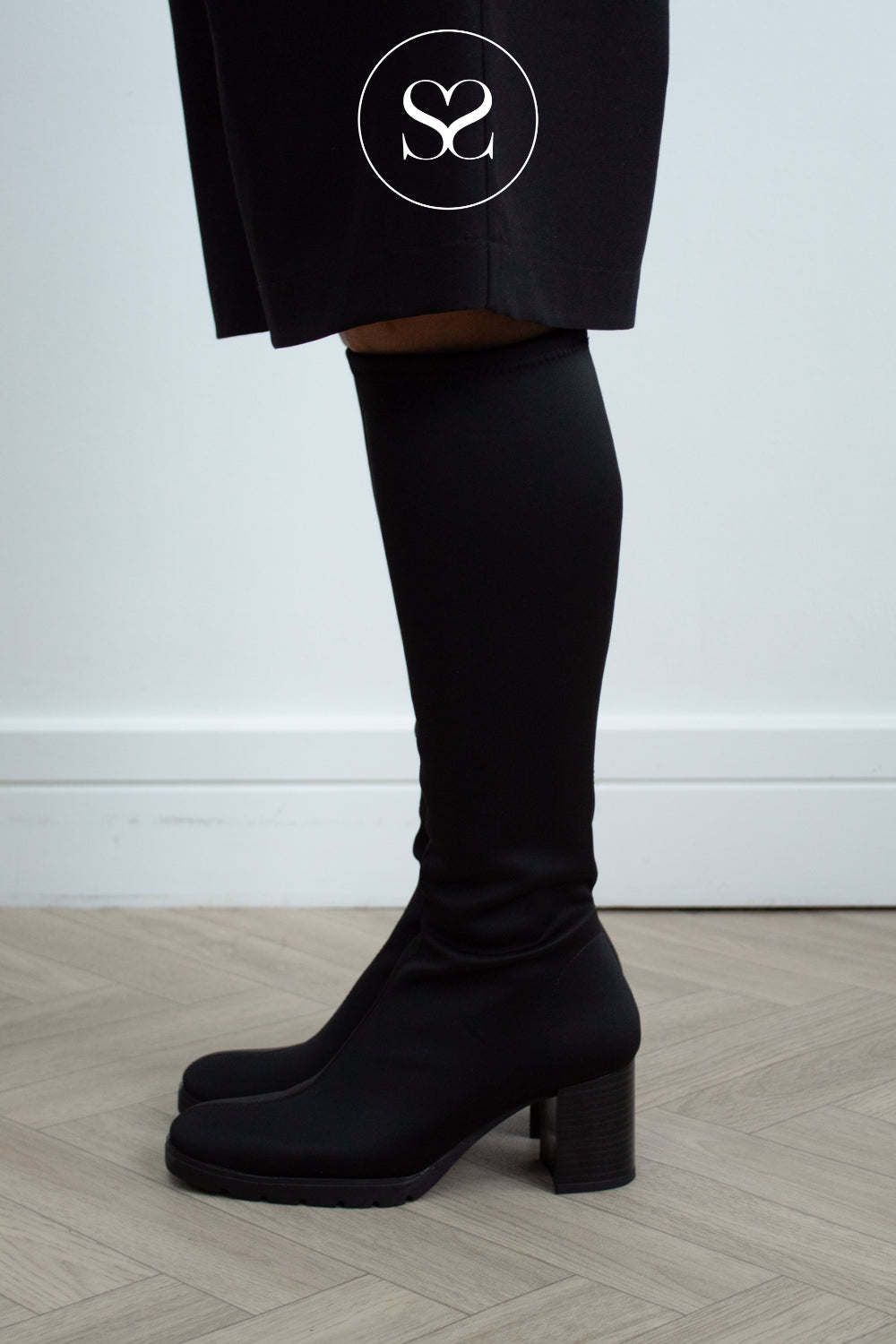 Miss Elastic Black Lycra Knee High Sock Boots - 78173