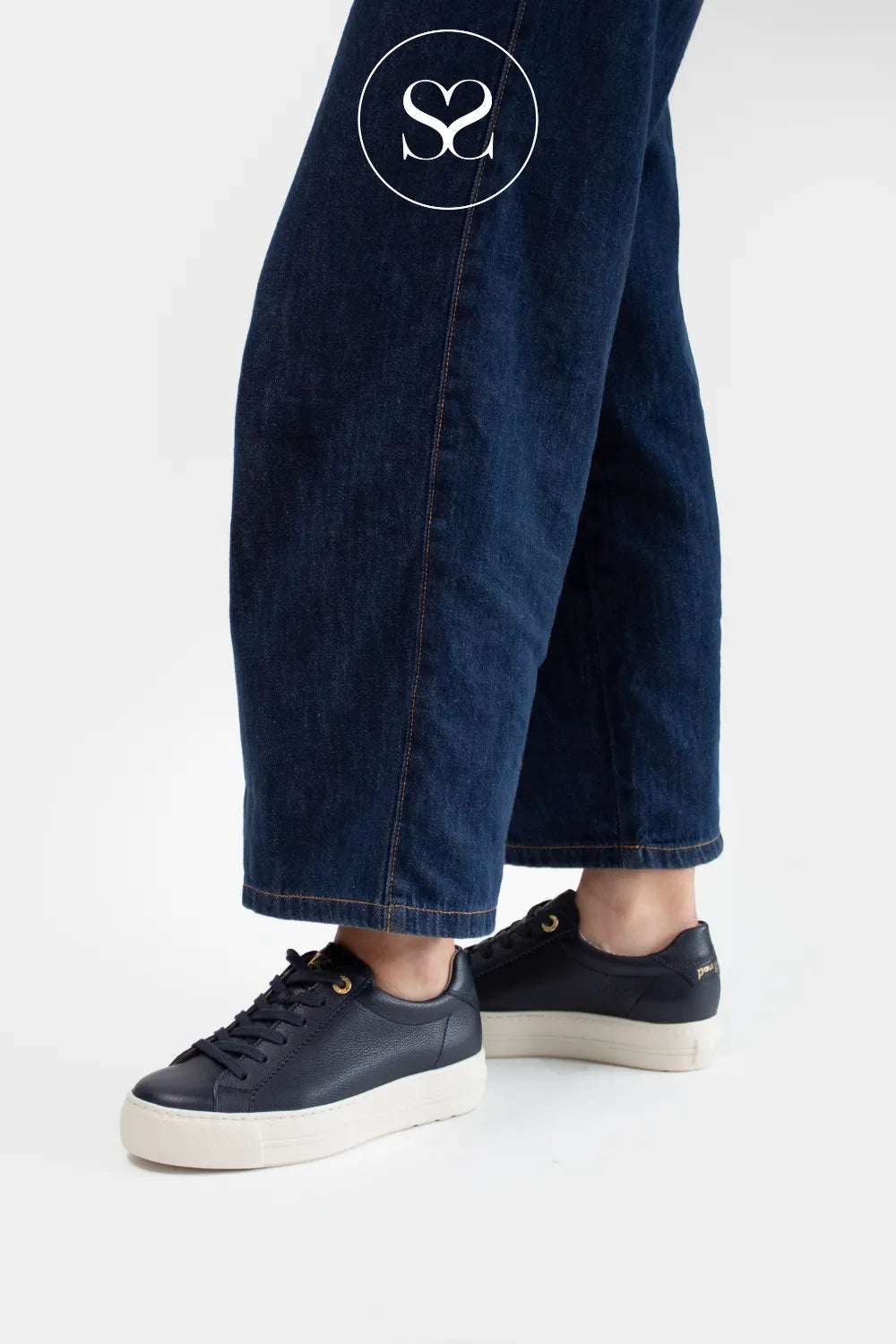 PAUL GREEN 5241 NAVY LEATHER FLATFORM TRAINERS FOR WOMEN WITH NAVY LACES FOR CLOSURE 