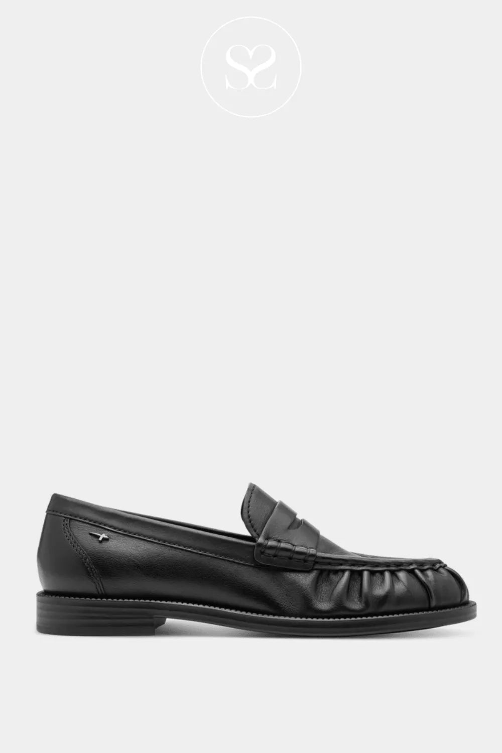 Tamaris black leather slip on loafer with ruched round toe.