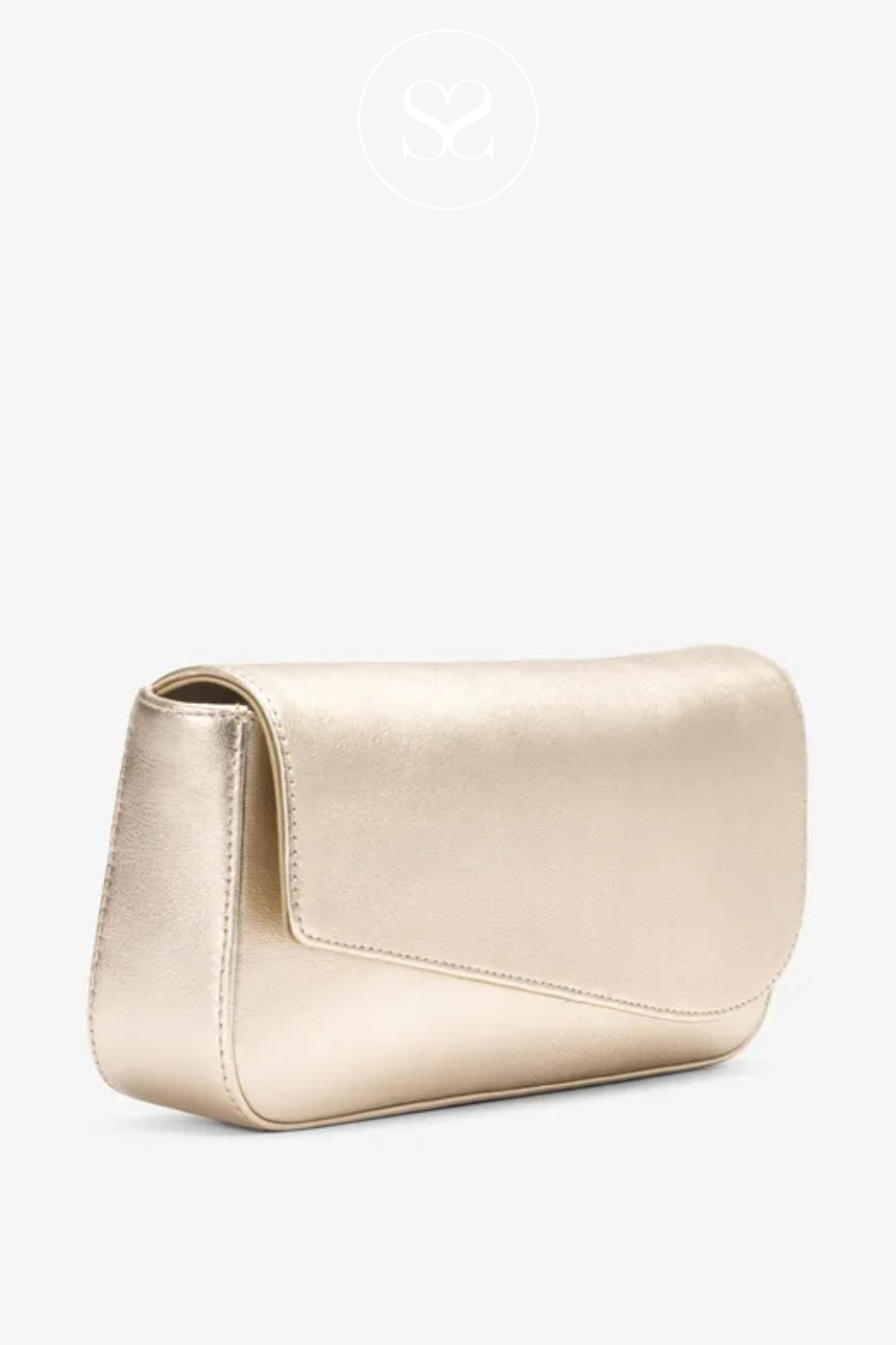 Small gold metallic clutch bag. Occassion bag. Small envelope style bag. Fold over top. Assymetrical fold over.