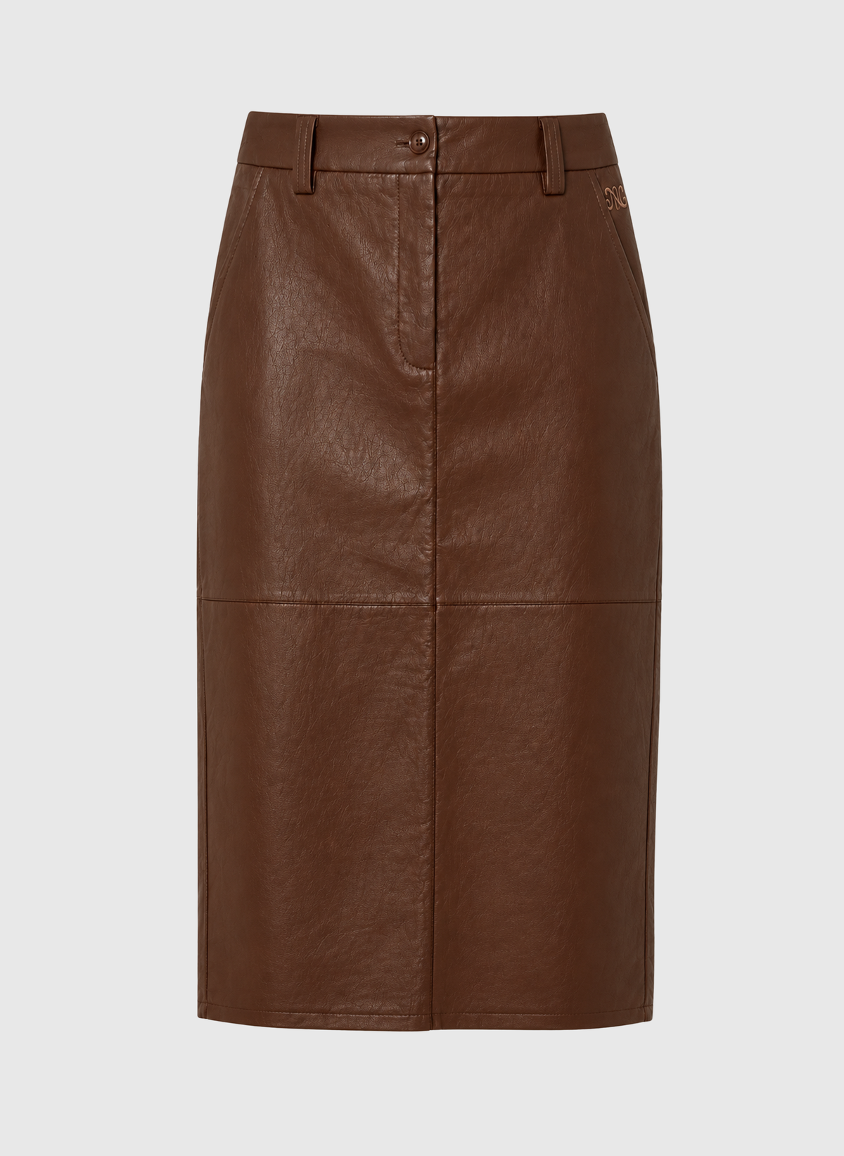 A brown faux-leather pencil skirt with a front button closure and belt loops, shown against a light gray background.