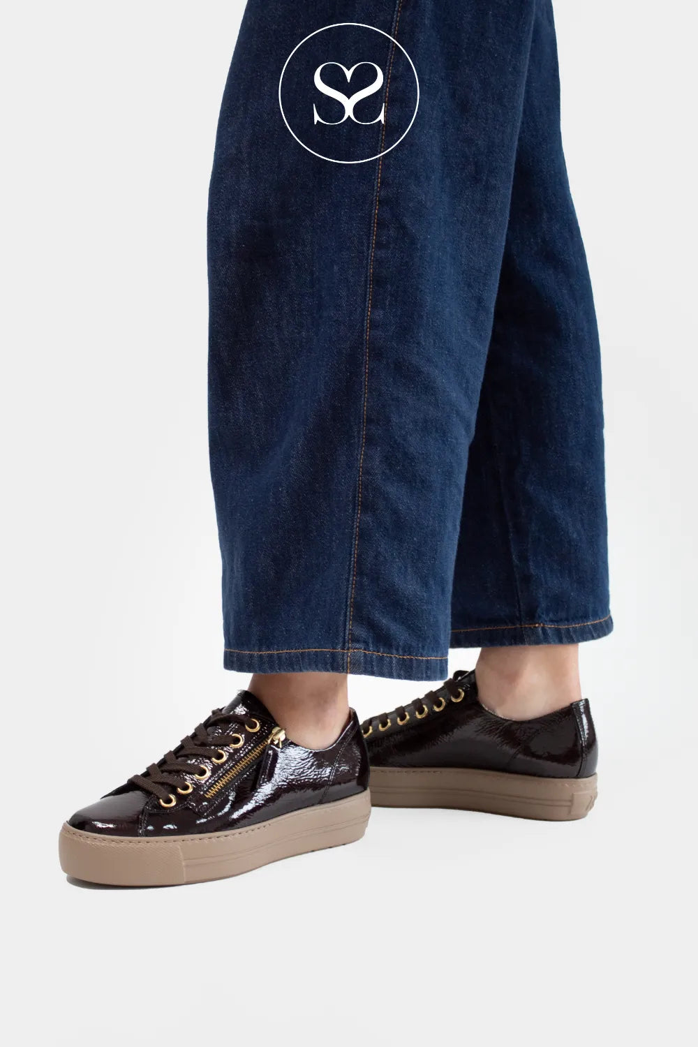 Paul Green Brown Patent Platform trainers - 5006 FOR WOMEN WITH BROWN LACES AND GOLD SIDE ZIP FOR CLOSURE