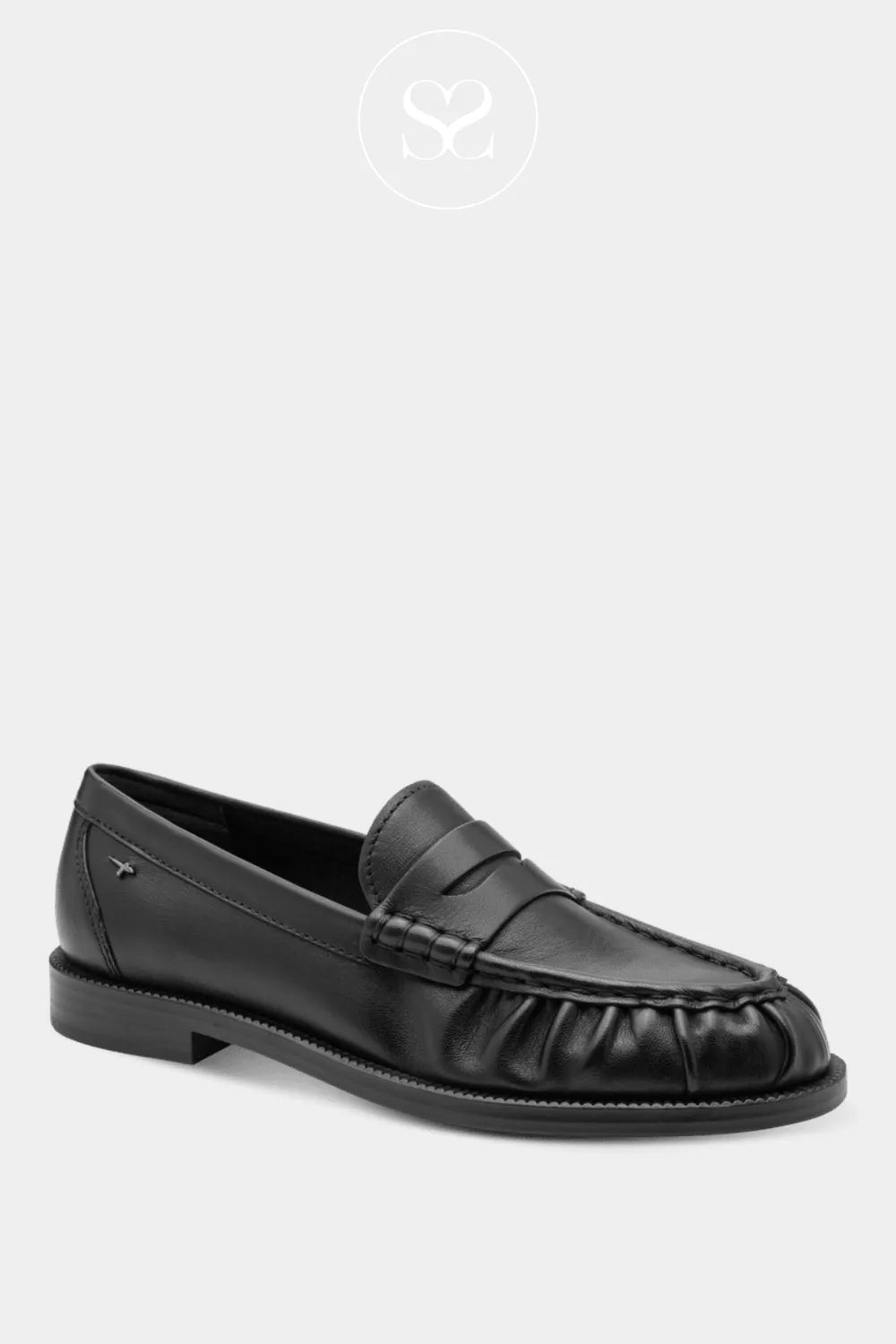 Comfortable soft leather loafer with almond toe and flat sole.