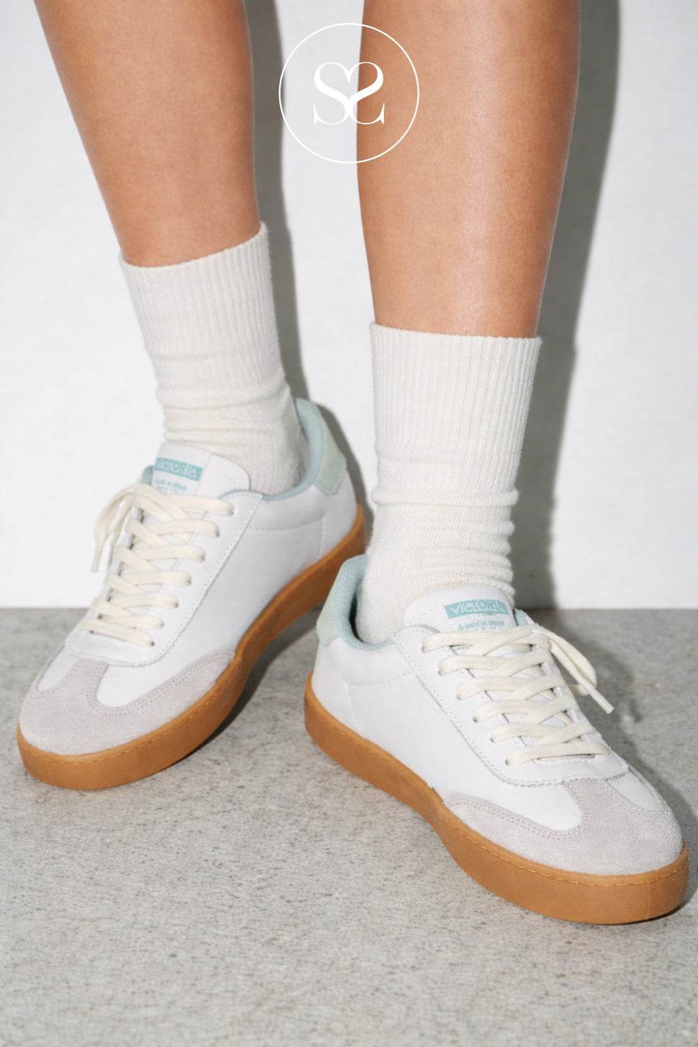 Woman wearing Victoria White & Mint Gum Sole Trainers 1126206