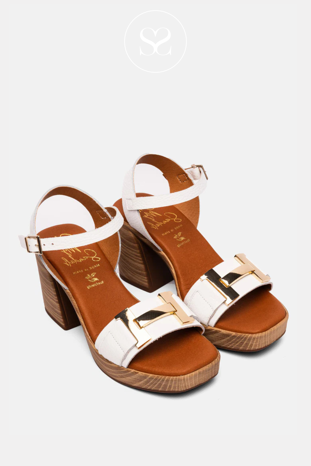 comfortable white leather block heel sandals with gold buckle and wood effect sole