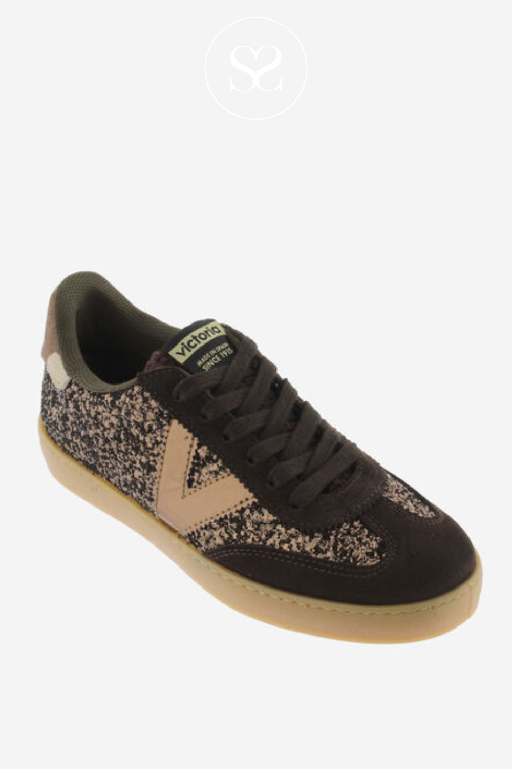 Brown glitter trainers with a retro low-profile silhouette, finished with a contrasting gum sole for a sporty, vintage-inspired look.