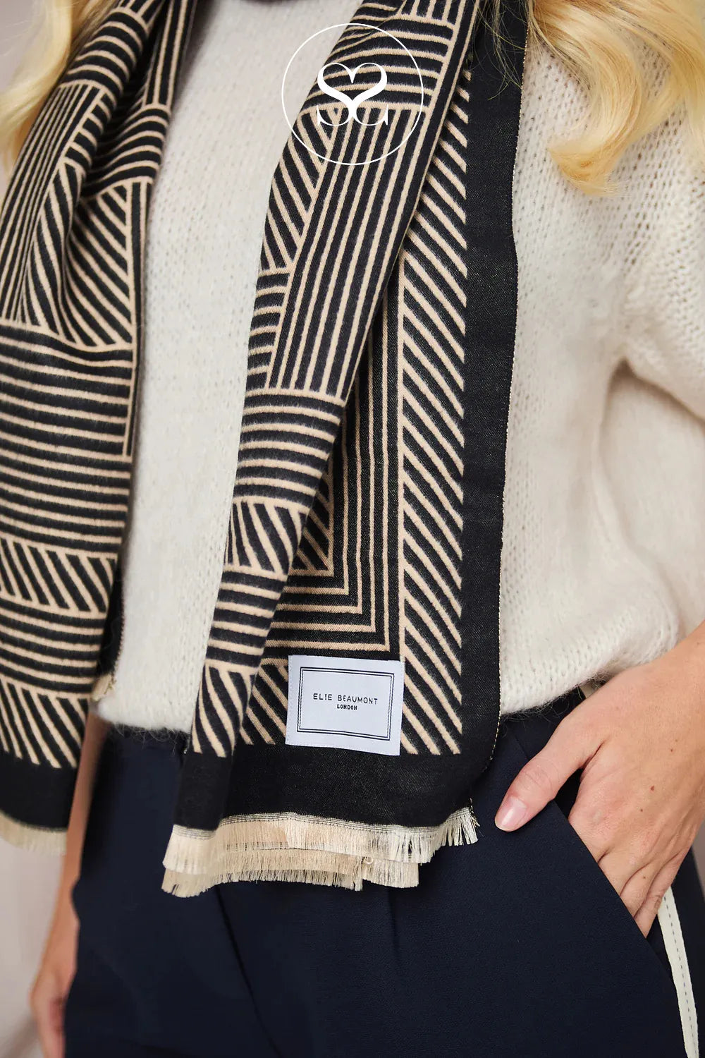 ELIE BEAUMONT WINTER SCARF - BLACK/SAND GEOMETRIC IRELAND