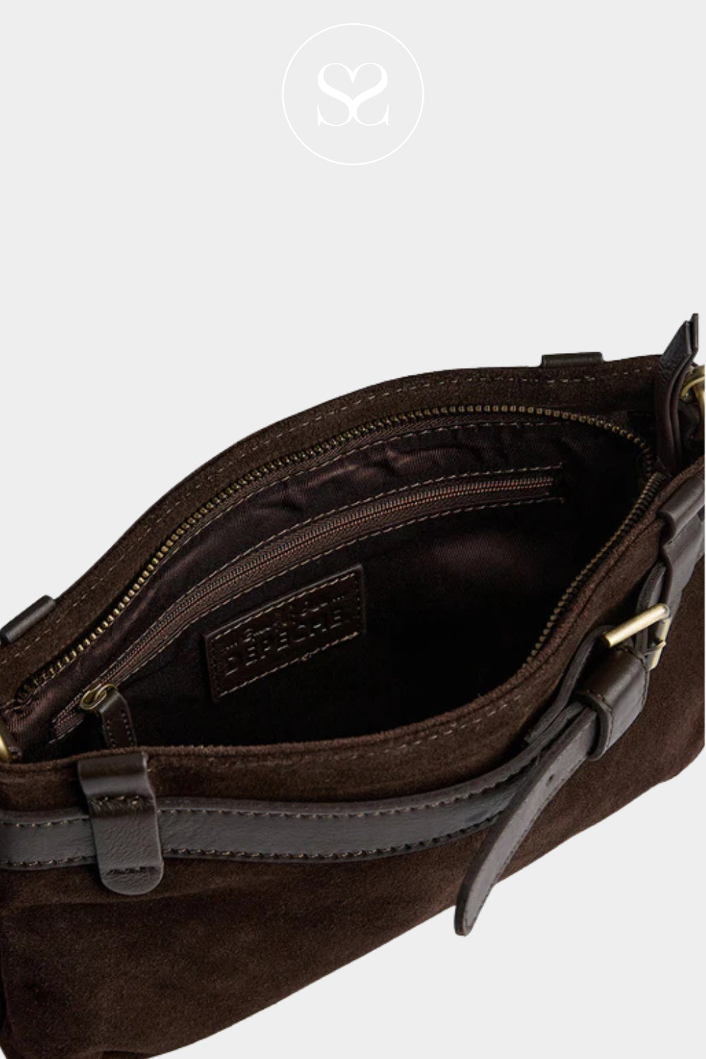DEPECHE CHOCOLATE BROWN SUEDE BAG WITH ZIP CLOSURE AND SMALL INNER ZIP COMPARTMENT