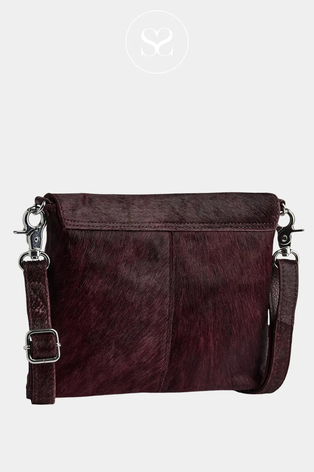 DEPECHE BURGUNDY LEATHER COW HAIR CLUTCH BAG - 16798 for women Distinctive pointed flap adds an edgy, graphic touch
