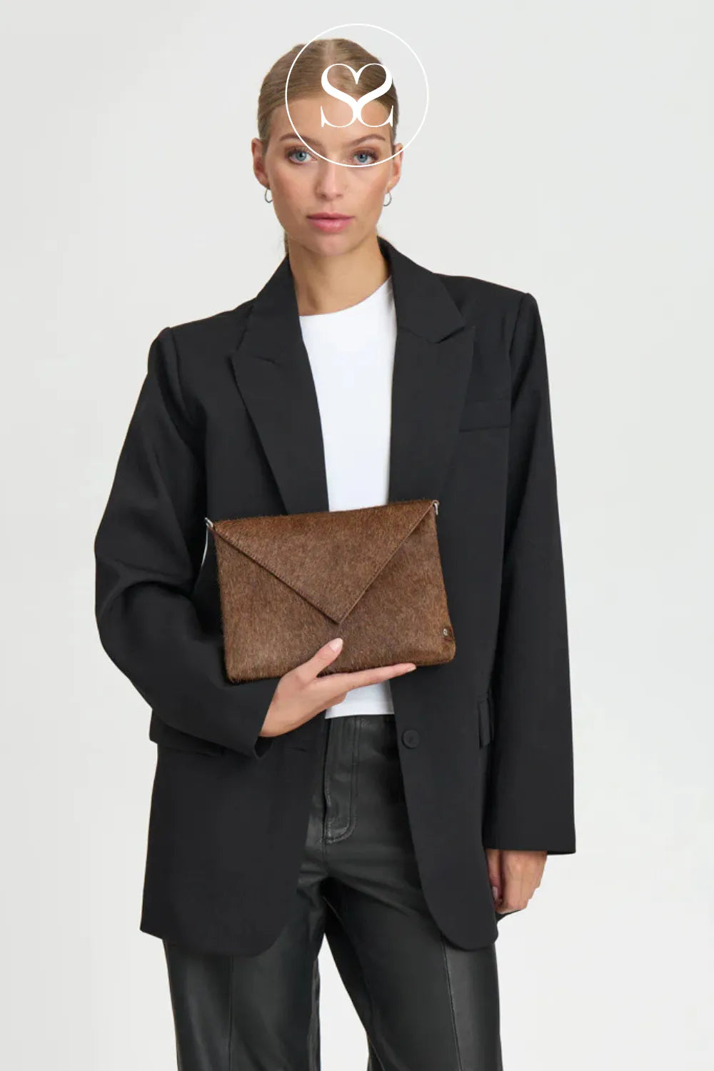 DEPECHE BROWN LEATHER COW HAIR CLUTCH BAG - 16798 for women Distinctive pointed flap adds an edgy, graphic touch
