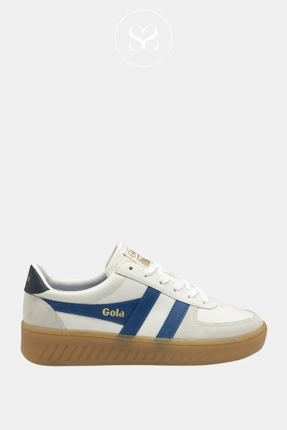 GOLA GRANDSLAM WHITE LEATHER CHUNKY PLATFORM GUM SOLE WITH BLUE AND SUEDE DETAILS