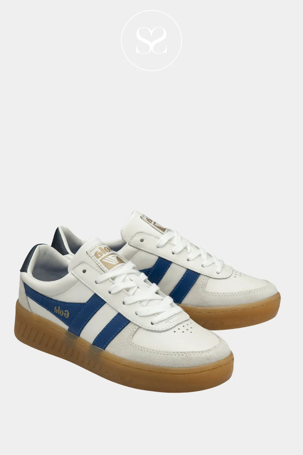 GOLA GRANDSLAM WHITE/BLUE LEATHER PLATFORM GUM SOLE LACE UP SNEAKERS FOR WOMEN