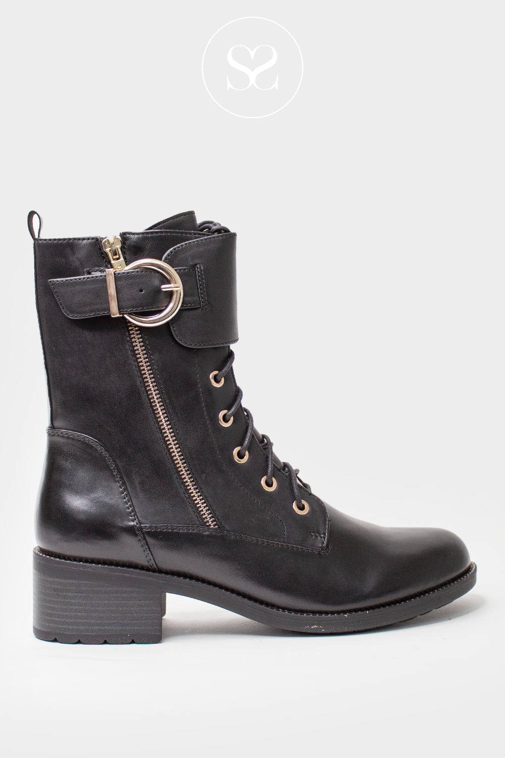 Black leather boot with a buckle and zipper on a white background from Regarde le Ciel - in Galway shoe shop 