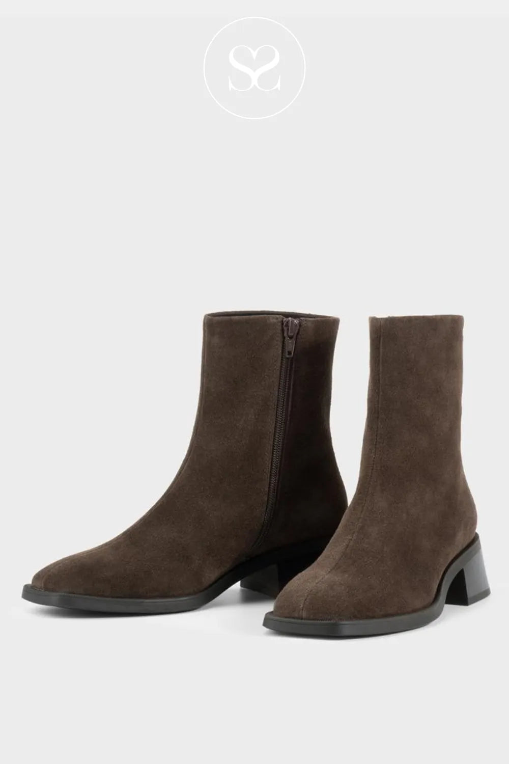 Chocolate brown suede ankle boots from Vagabond with low block heel and innr zip - Blanca style
