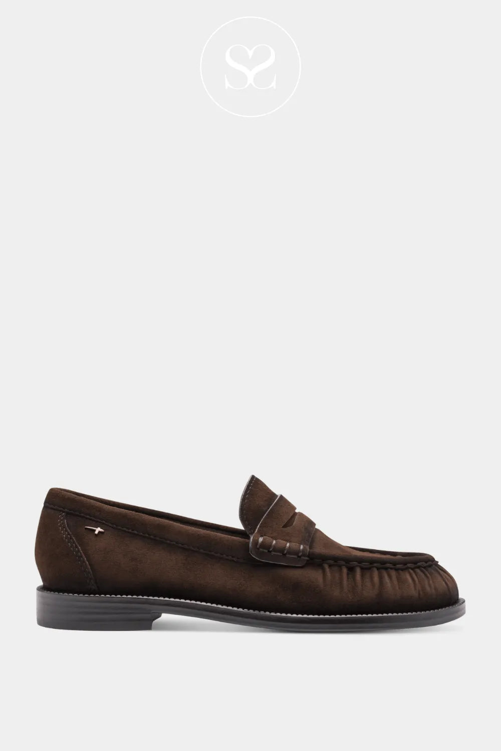 Brown leather suede round toe slip on shoe with ruching. Loafer.