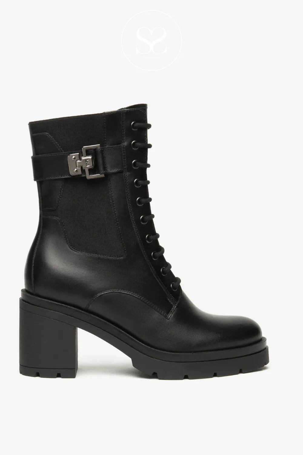 NERO GIARDINI BLACK BLOCK HEEL ANKLE BOOTS I514793D FOR WOMEN WITH BLACK LACES FOR CLOSURE AND PEWTER BUCKLE SIDE DETAL 