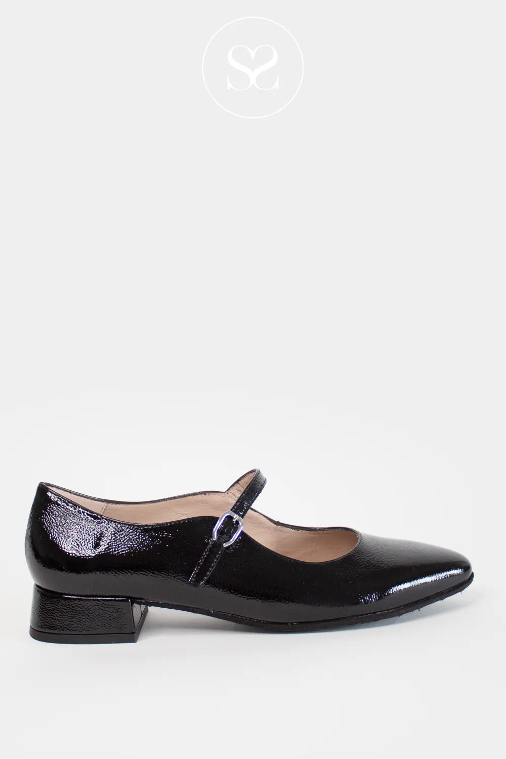 WONDERS BLACK PATENT BLOCK HEEL MARY JANE  WITH ADJUSTABLE BUCKLE STRAP B-9720