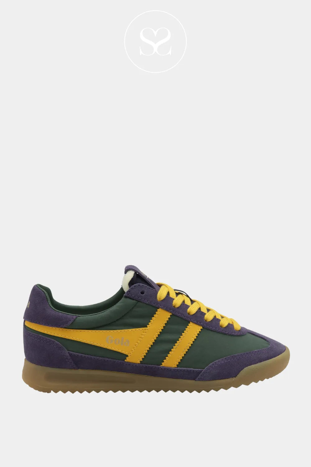 GOLA FIREFLY GREEN/PURPLE LEATHER GUM SOLE SNEAKERS FOR WOMEN WITH SUEDE DETAIL