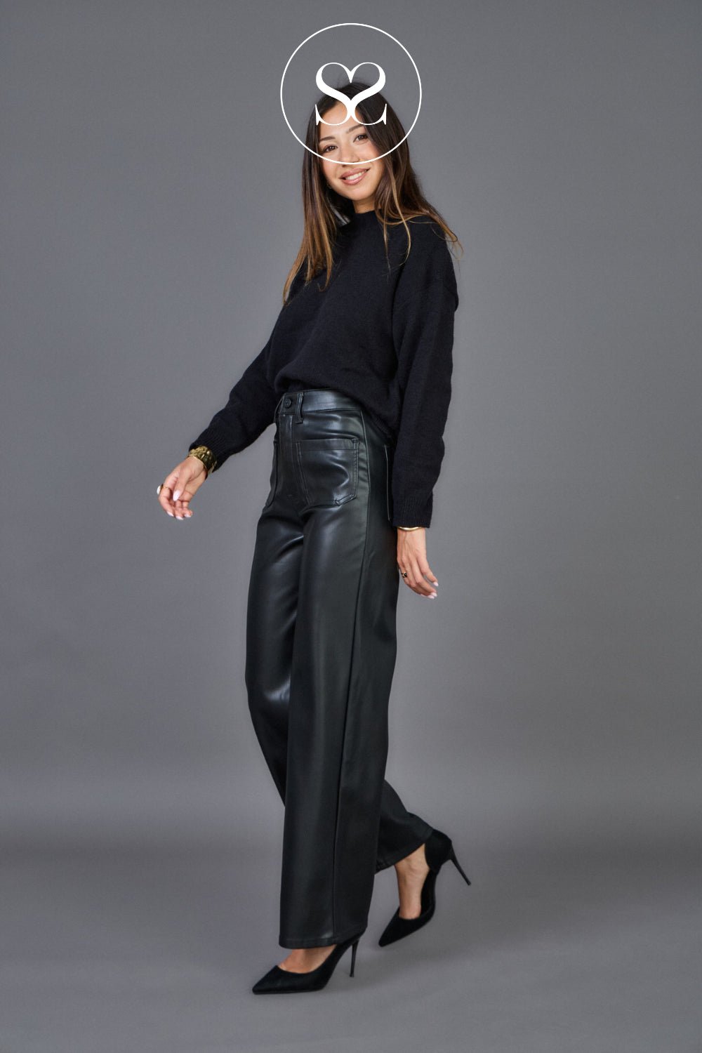 Sheneil Studios Black Wide Leg Faux Leather Trousers - H6997