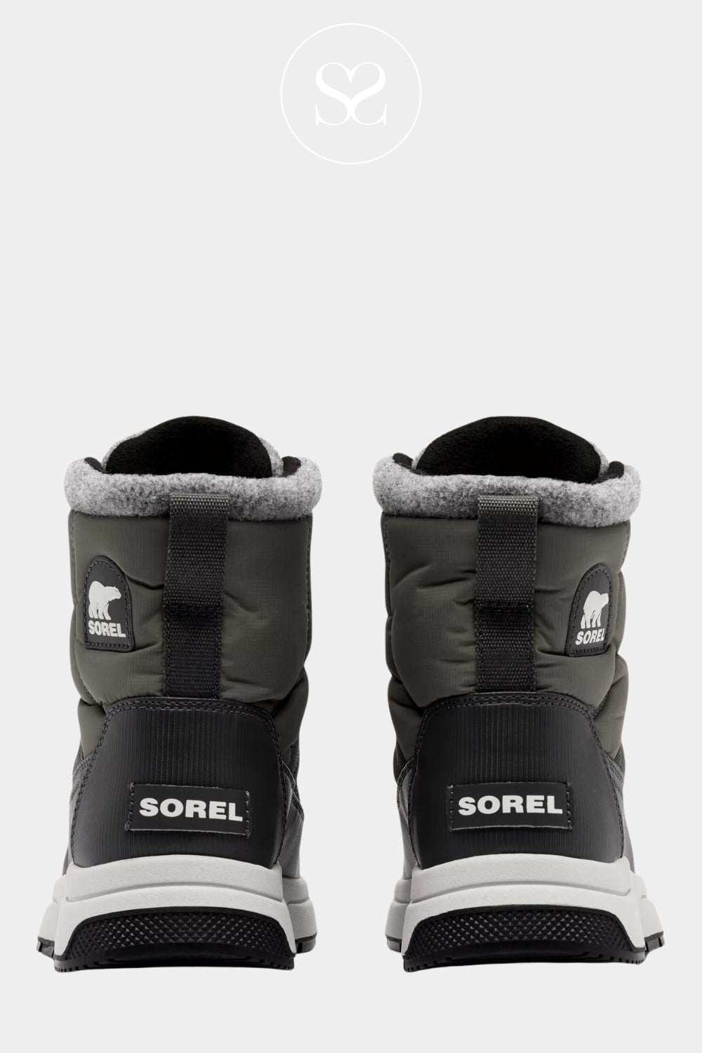 Pair of Grey Sorel boots on a white background