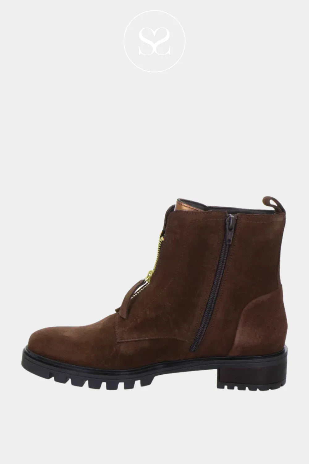 ARA BROWN SUEDE FRONT ZIP ANKLE BOOTS 12-29520 WITH BROWN LEAHER HEEL DETAIL