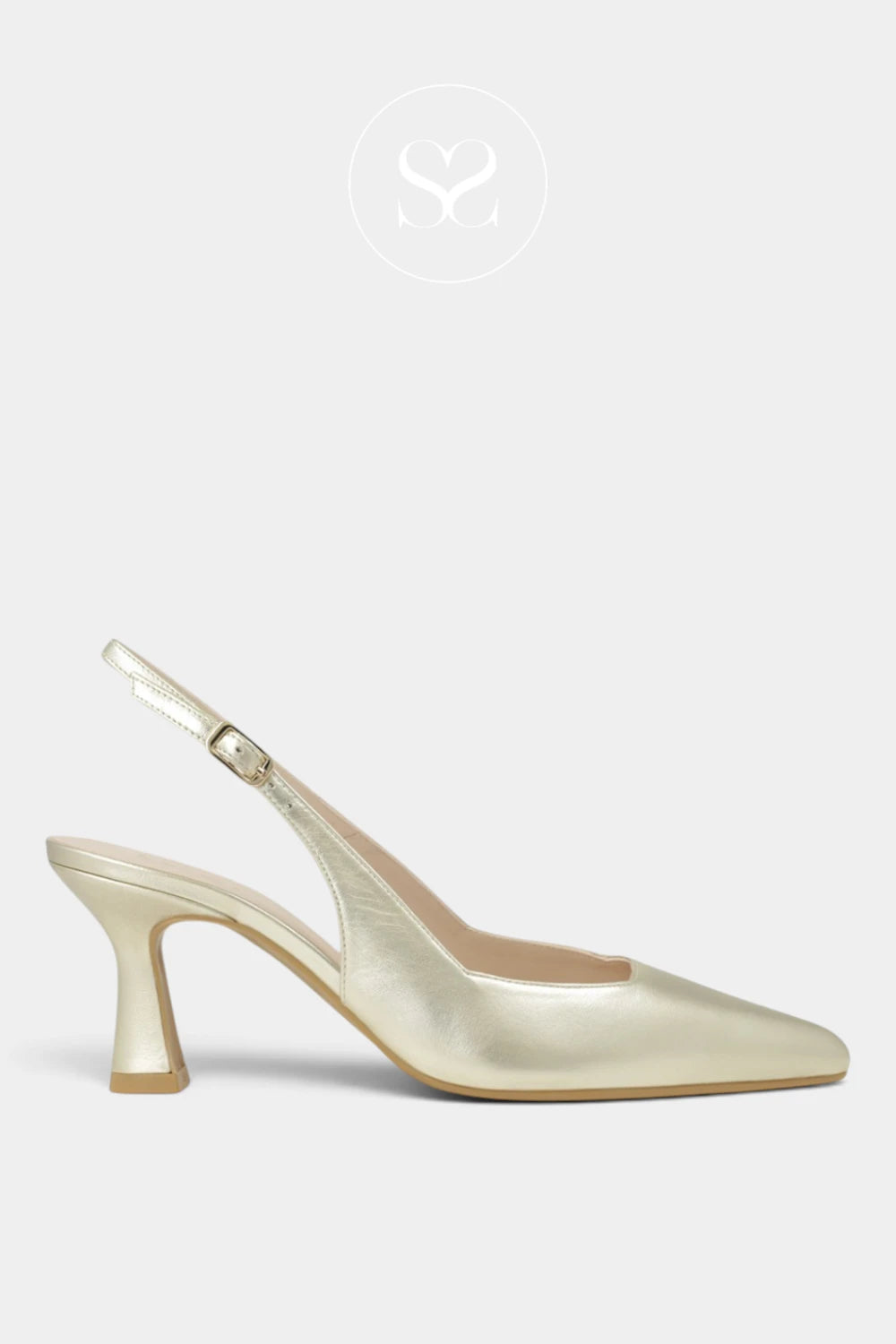 A single champagne gold slingback pump with a pointed toe and a flared block heel, shown from a side profile on a light gray background. LODI Gold Leather Pointed Toe Slingback Mid Heel - Gelines