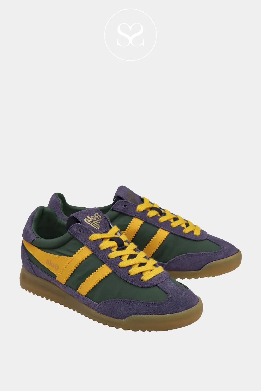 GOLA FIREFLY GREEN/PLUM LACE UP SPORTY STYLE SNEAKERS WITH YELLOW LACES AND YELLOW SIDE DETAIL