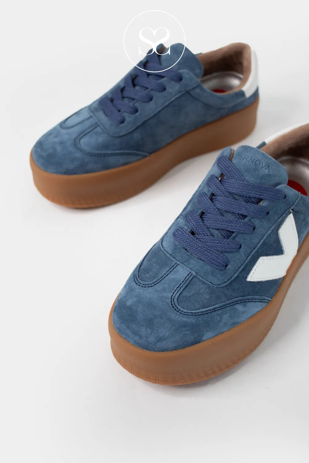 DRILLEYS BLUE (COBALT CRYSTAL) CHUNKY FLATFORM TRAINERS - EIGHTY FOUR FOR WOMEN WITH BLUE LACES AND SUEDE TOE CAP 