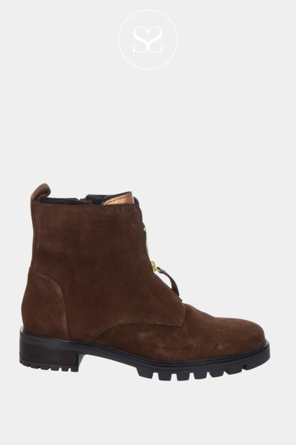 ARA BROWN SUEDE FRONT ZIP ANKLE BOOTS 12-29520 FOR WOMEN WITH FRONT ZIP AND CHUNKY SOLE BLOCK HEEL