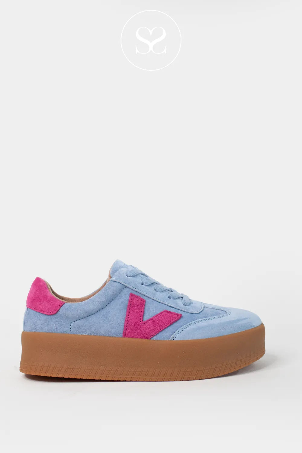 DRILLEYS BLUE/PINK (BLUE BELL) CHUNKY FLATFORM TRAINERS- EIGHTY FOUR FOR WOMEN ITH PLATFORM SOLE AND PINK SUEDE V LOGO DETAIL