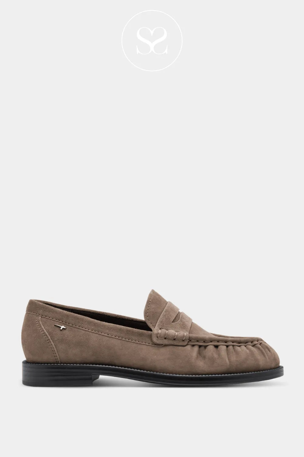 Tamaris taupe suede round toe ruched slip on loafer. Casual workwear shoe.