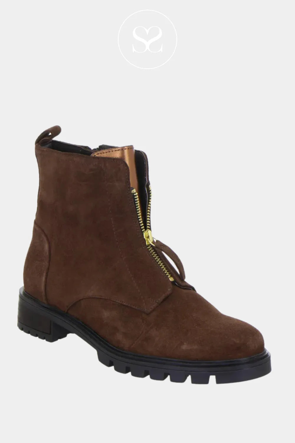 ARA BROWN SUEDE FRONT ZIP ANKLE BOOTS 12-29520 WITH GOLD FRONT ZIP DETIL AND BRONZE TONGUE