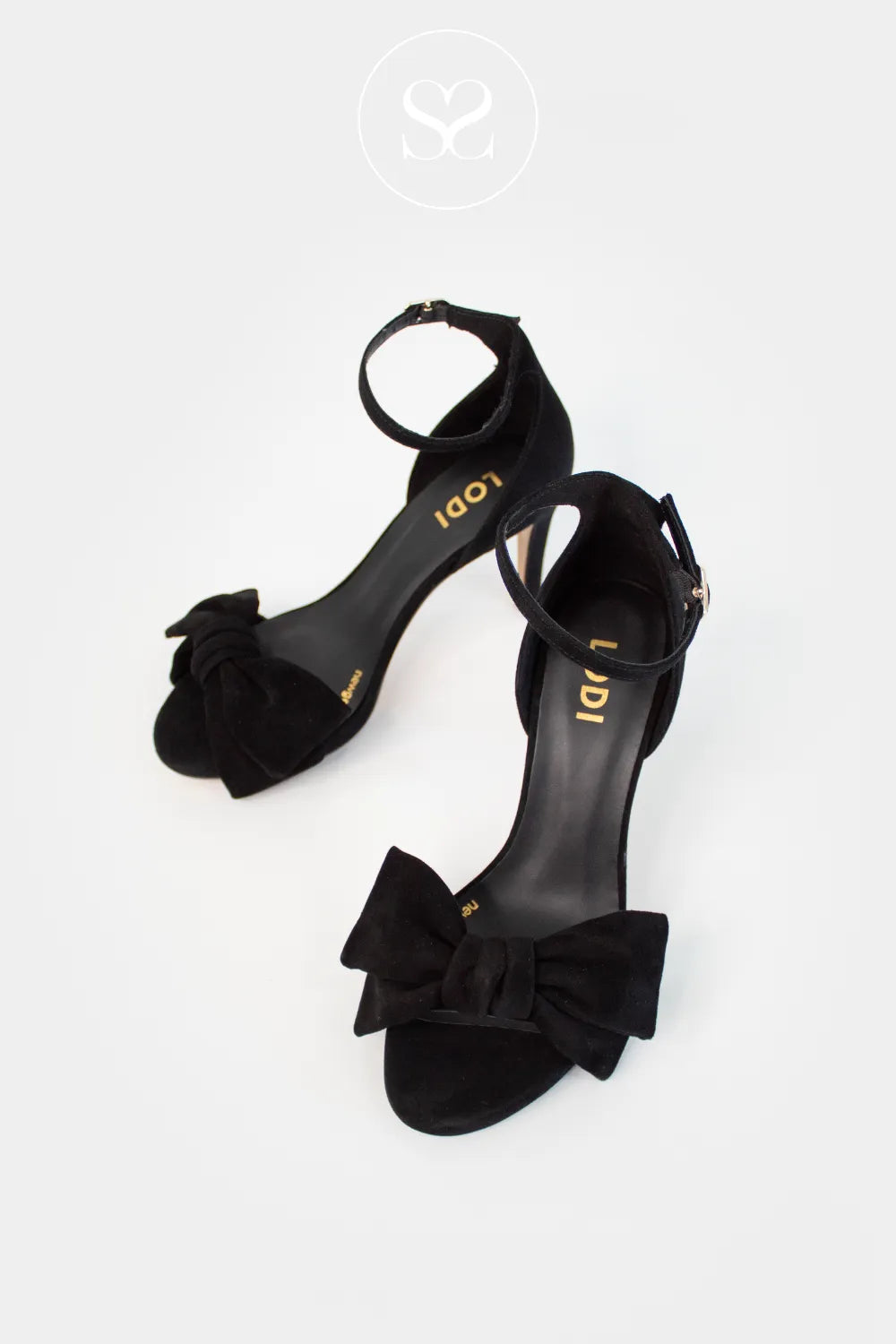 LODI BLACK SUEDE HIGH BLOCK HEEL BOW DETAIL ANKLE STRAP SANDALS INGAL