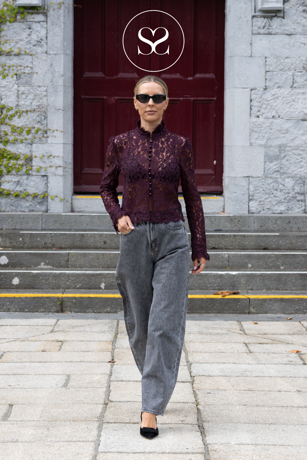 Burgundy Lace Blouse with Jewel Buttons — 81085