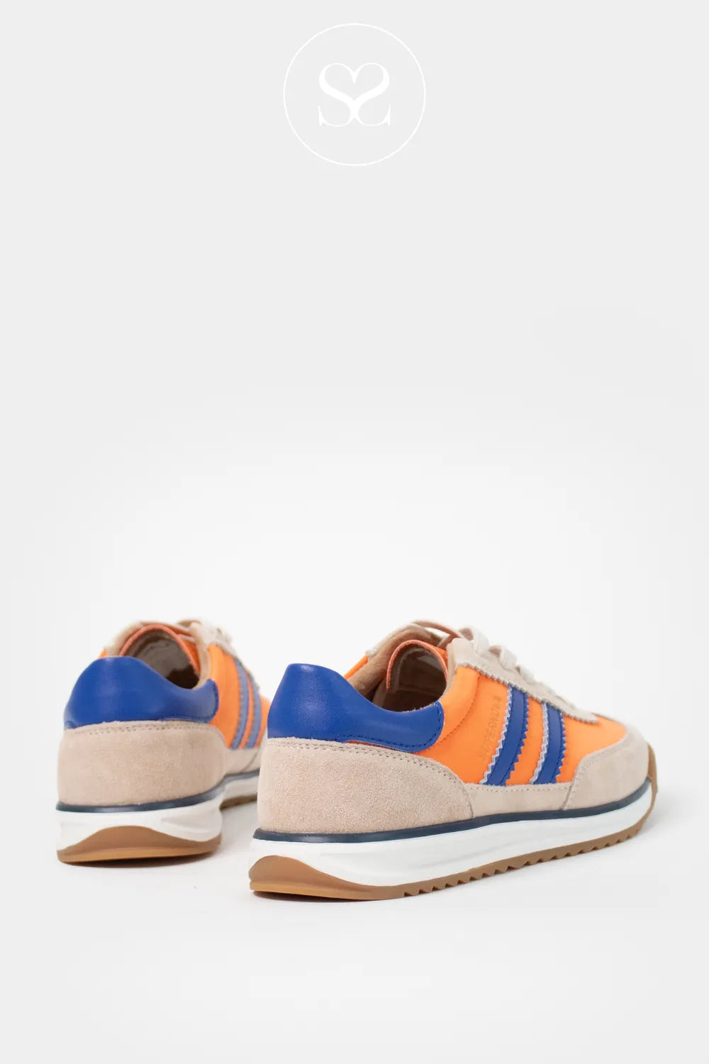 Drilleys Orange Low Profile Trainers- Seventy Three trainers with faux suede detailing and blue heel detail and lace up style 