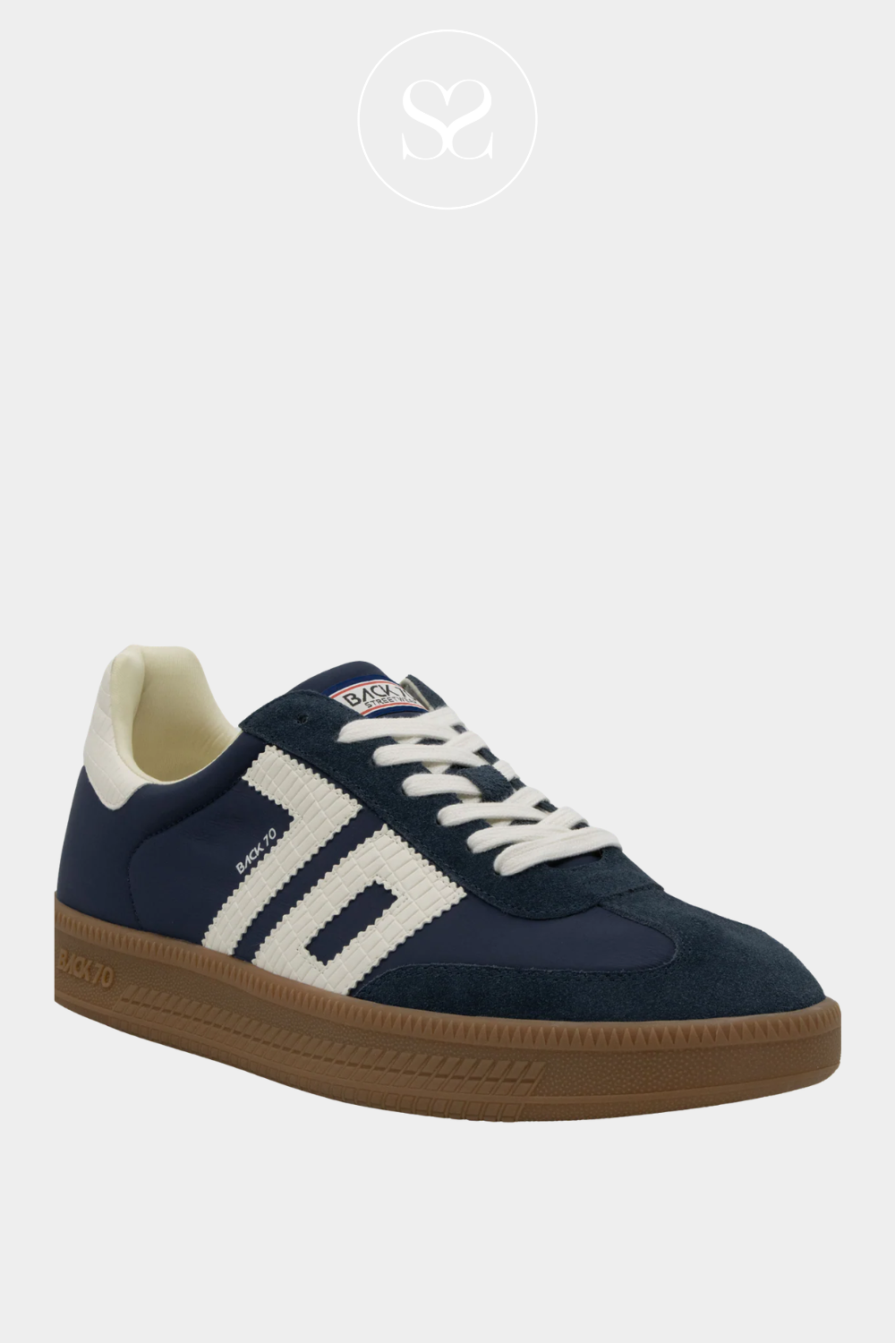 Women's Back70 Double Trainer in navy with thick 1.5" gum sole platform and braided cotton laces for elevated streetwear style.