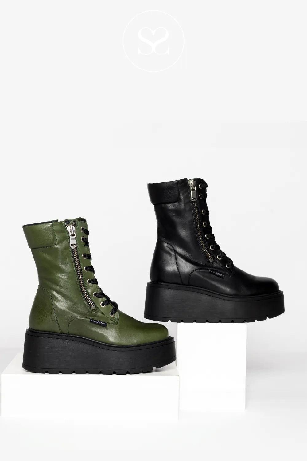 CARL SCARPA BLACK WEDGE MILITARY BOOTS SABBATI FOR WOMEN WITH BLACK PLATFORM WEDGE SOLE AND ROUNDED TOE