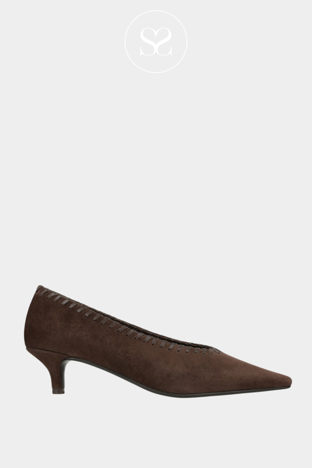 Lodi brown suede kitten heel pouinted toe shoe. Smart workwear shoe. Comfortable gel cushioning.