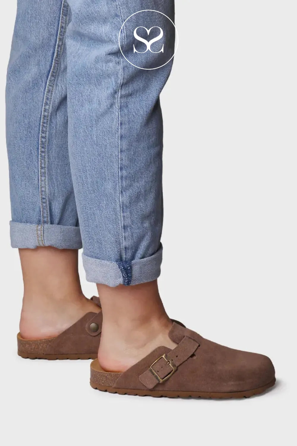 Everyday casual summer shoe. Clogs. Taupe suede closed toe , open back sandals