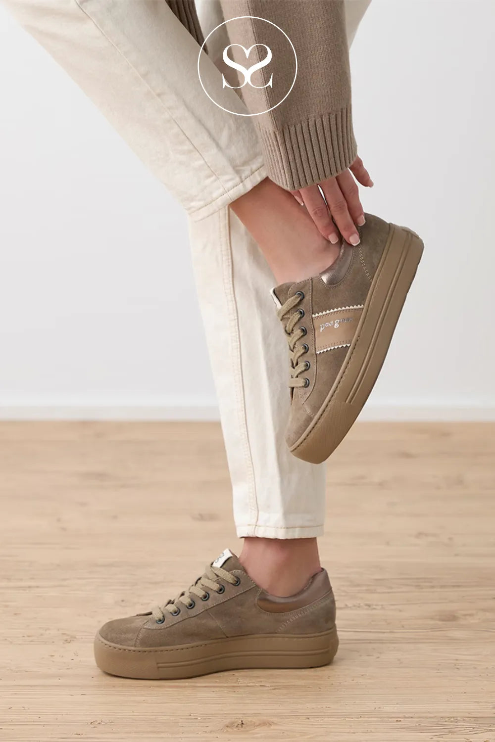 PAUL GREEN Tonal suede platform trainer with a soft taupe upper and matching chunky sole for a clean, monochrome look for Women in Ireland