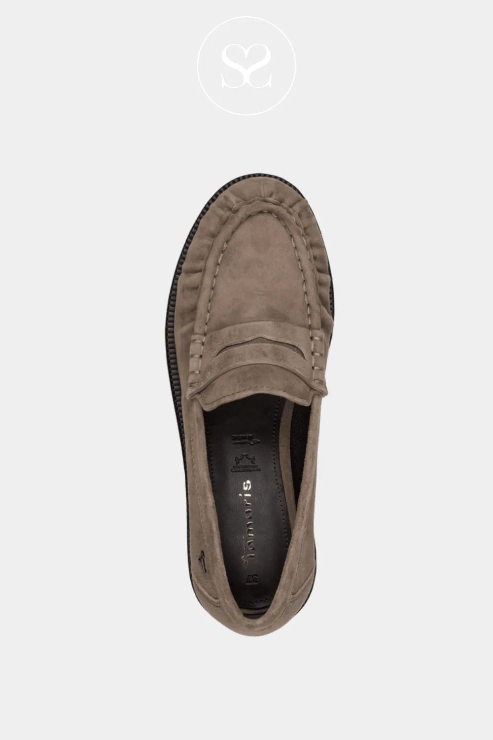 Taupe suede round toe slip on shoe.