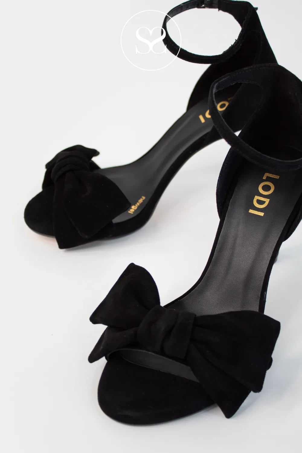 LODI BLACK SUEDE HIGH BLOCK HEEL BOW DETAIL ANKLE STRAP SANDALS INGAL