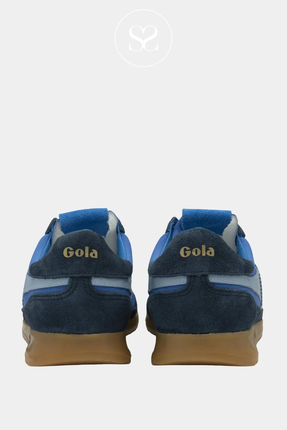 GOLA LEATHER BLUE AND NAVY LACE UP GUM SOLE TRAINERS WITH SIGNATURE GOLD GOL LOGO ON HEEL