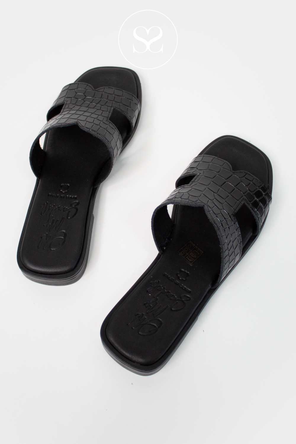 croc effect black sliders for women