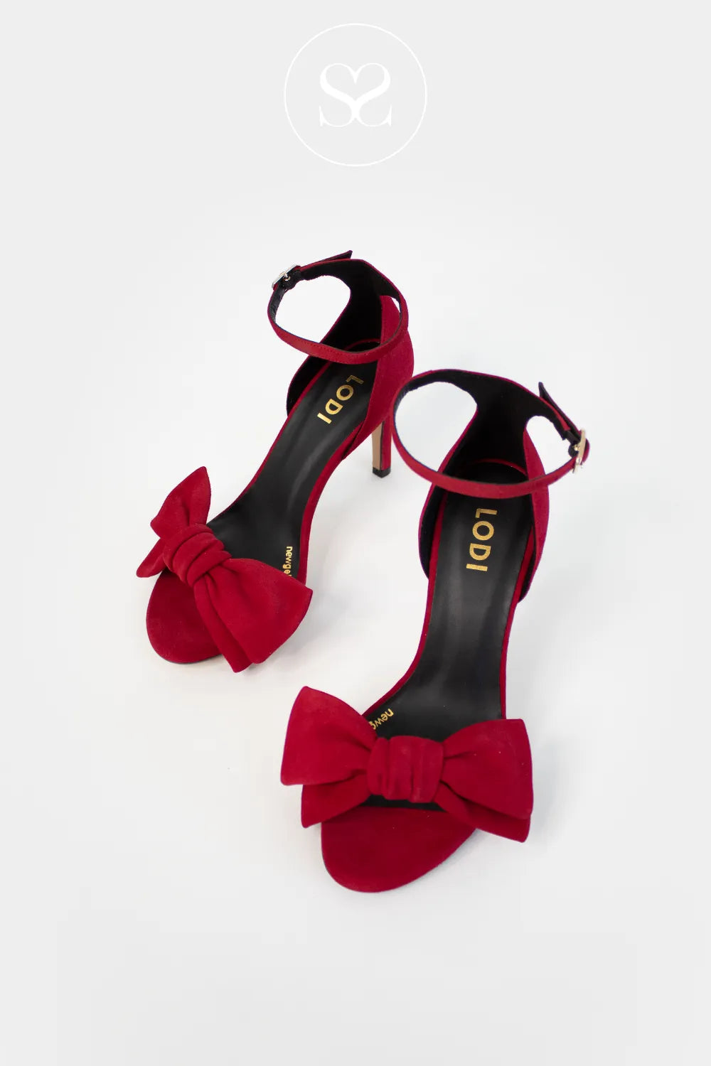 LODI RED SUEDE HIGH BLOCK HEEL BOW DETAIL ANKLE STRAP SANDALS INGAL
