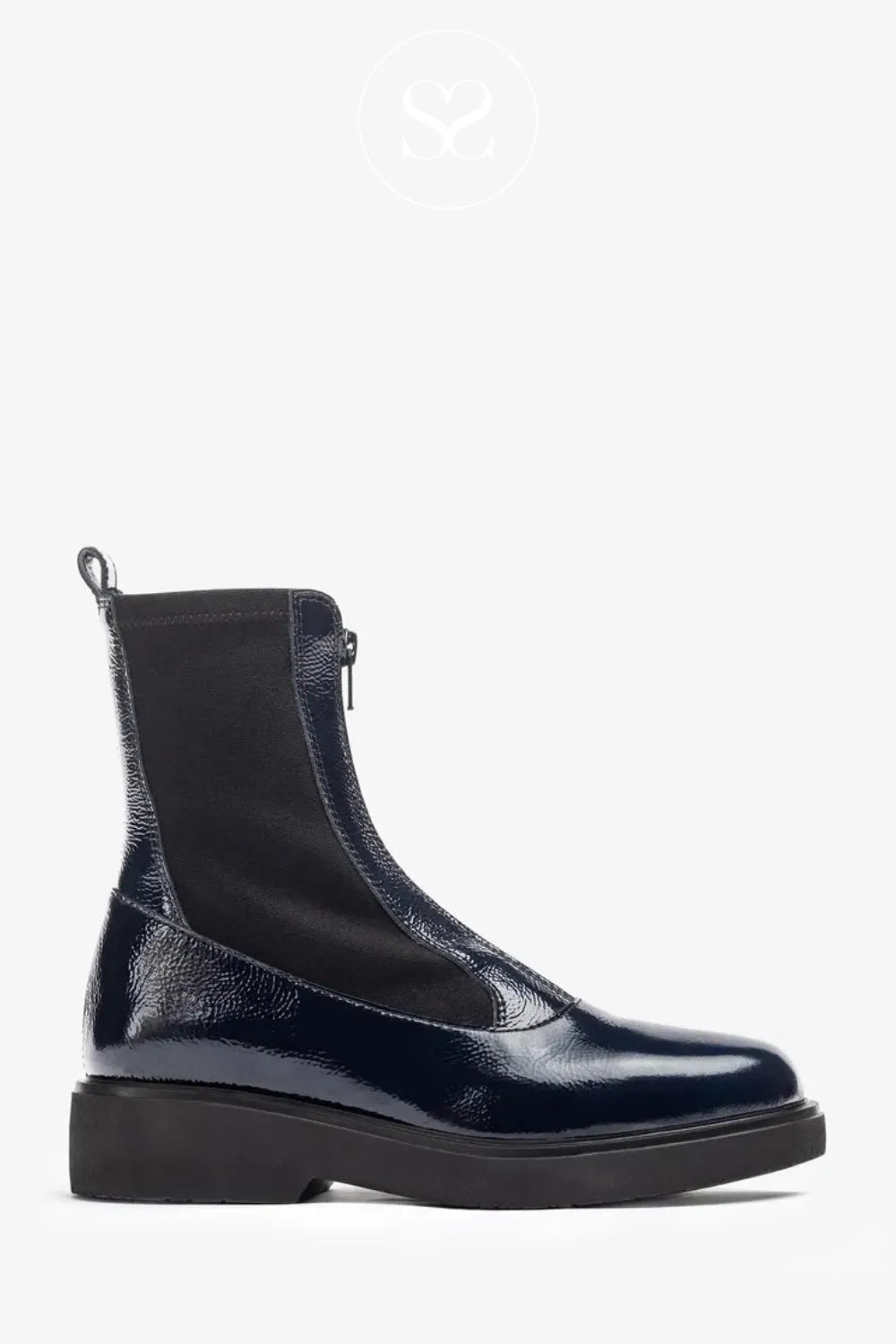 UNISA NAVY PATENT FOGGIA ANKLE BOOTS FOR WOMEN WITH FRONT ZIP AND ELASTIC SIDE PANELS