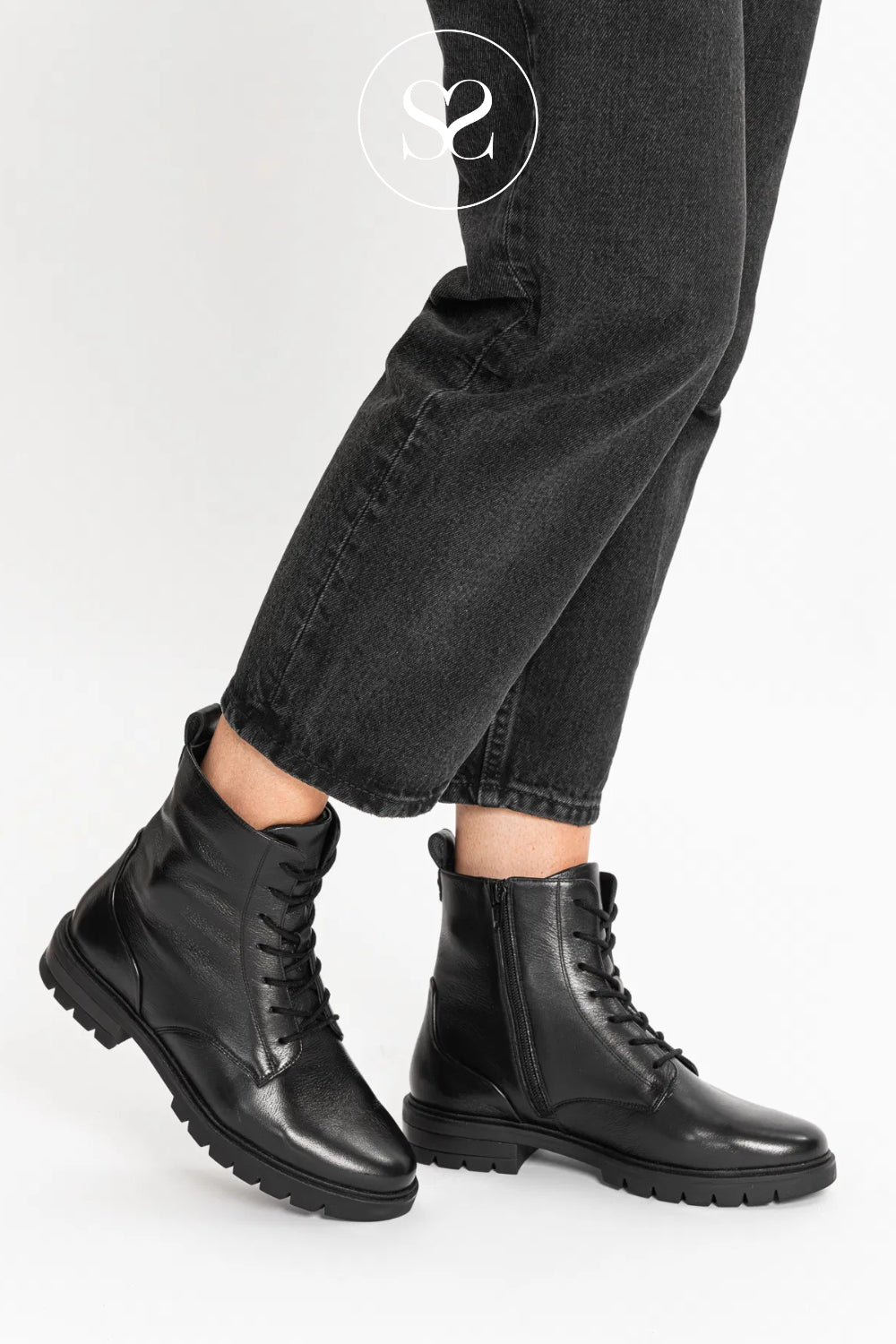 Comfortable black leather combat / military boots for women from Ara