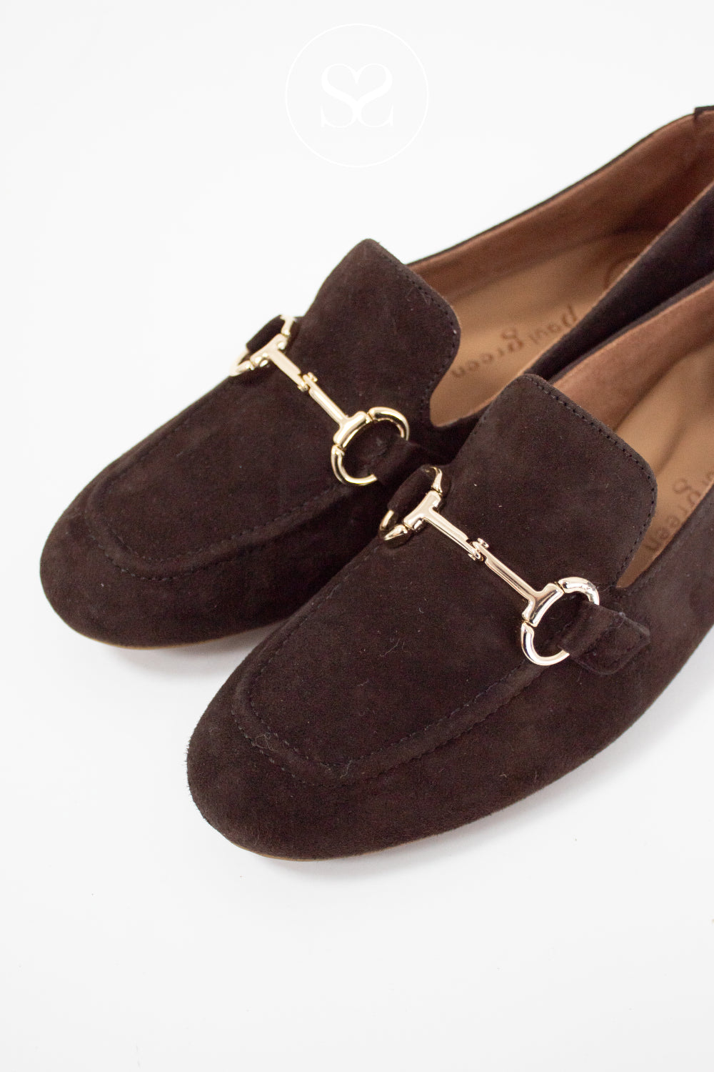 PAUL GREEN CHOCOLATE BROWN SUEDE LOAFERS WITH GOLD BUCKLE FOR WOMEN